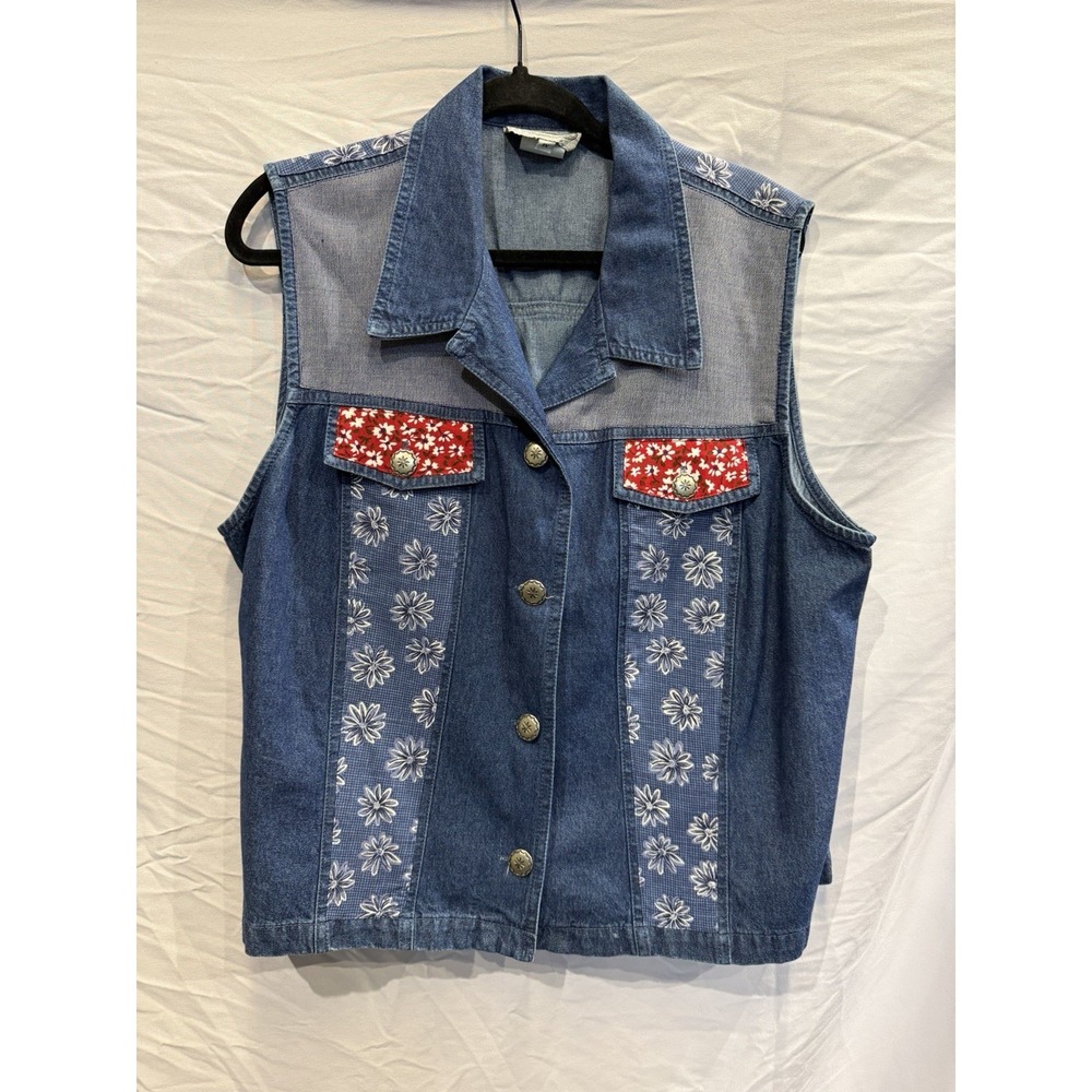 Vintage Stonebridge Collared Button Floral Embroidered Vest Blue Red 1X Women